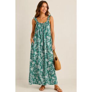 Grace Atwood x The Drop Tropical Palm Print Maxi Dress L Green White